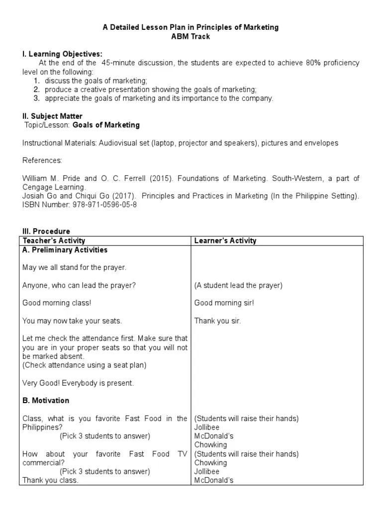 Detailed Lesson Plan Principles of Marketing PDF Marketing