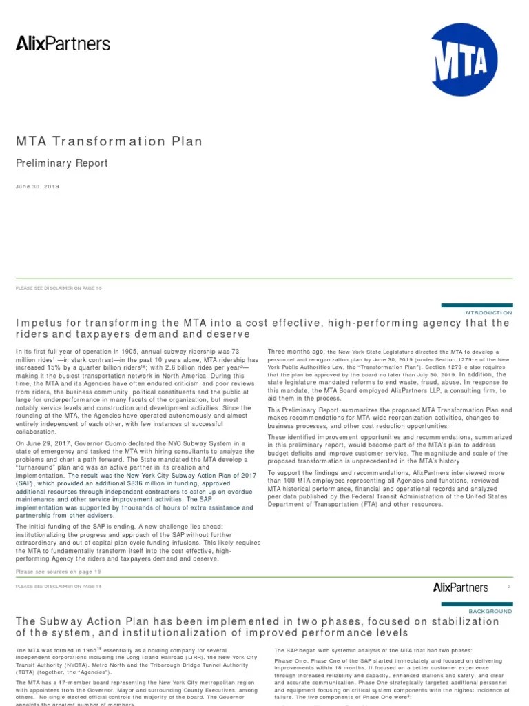 MTA Transformation Plan Preliminary Report Business Process Long