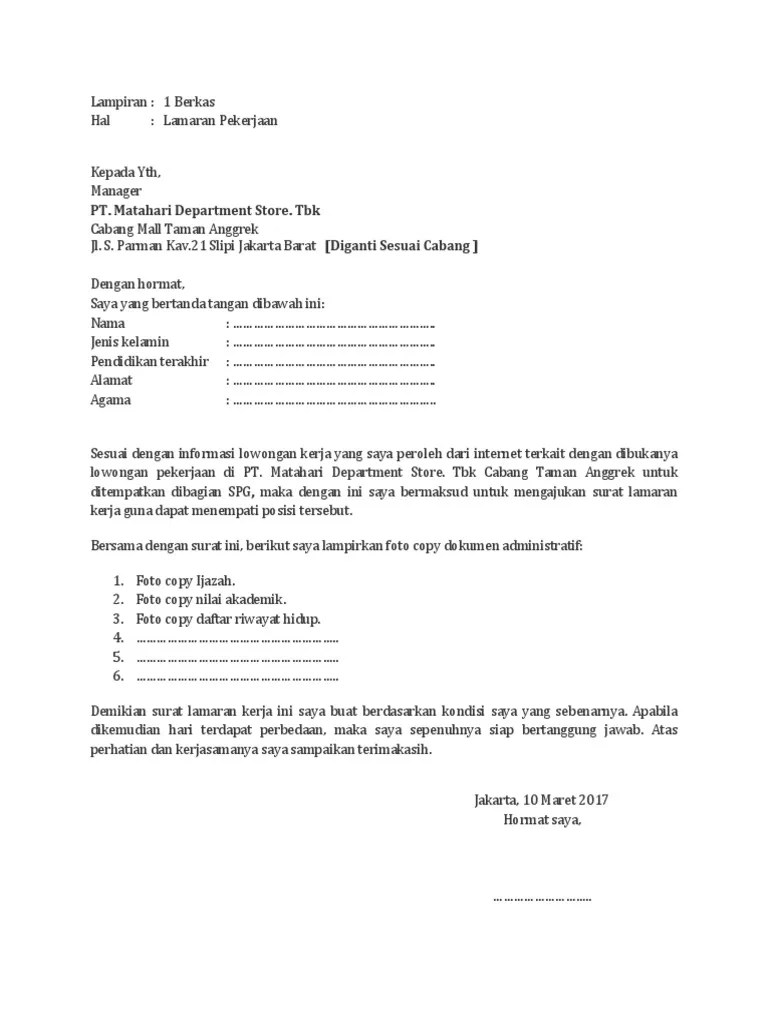 Contoh Surat Lamaran Spg Matahari | Pdf