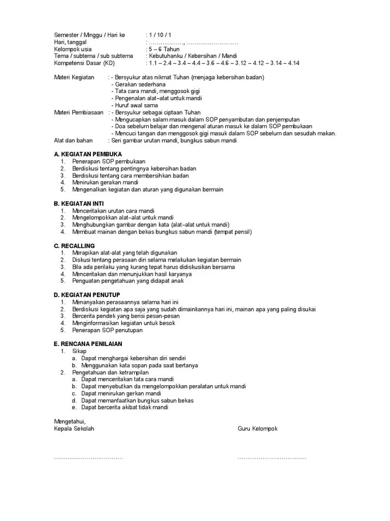 Contoh Rkh Paud Tema Kebutuhanku Subtema Keamanan