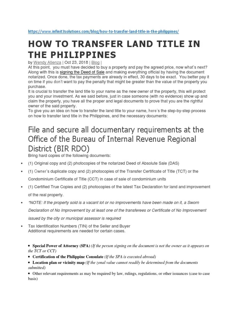 How To Transfer Land Title in The Philippines PDF Title (Property) Real Property