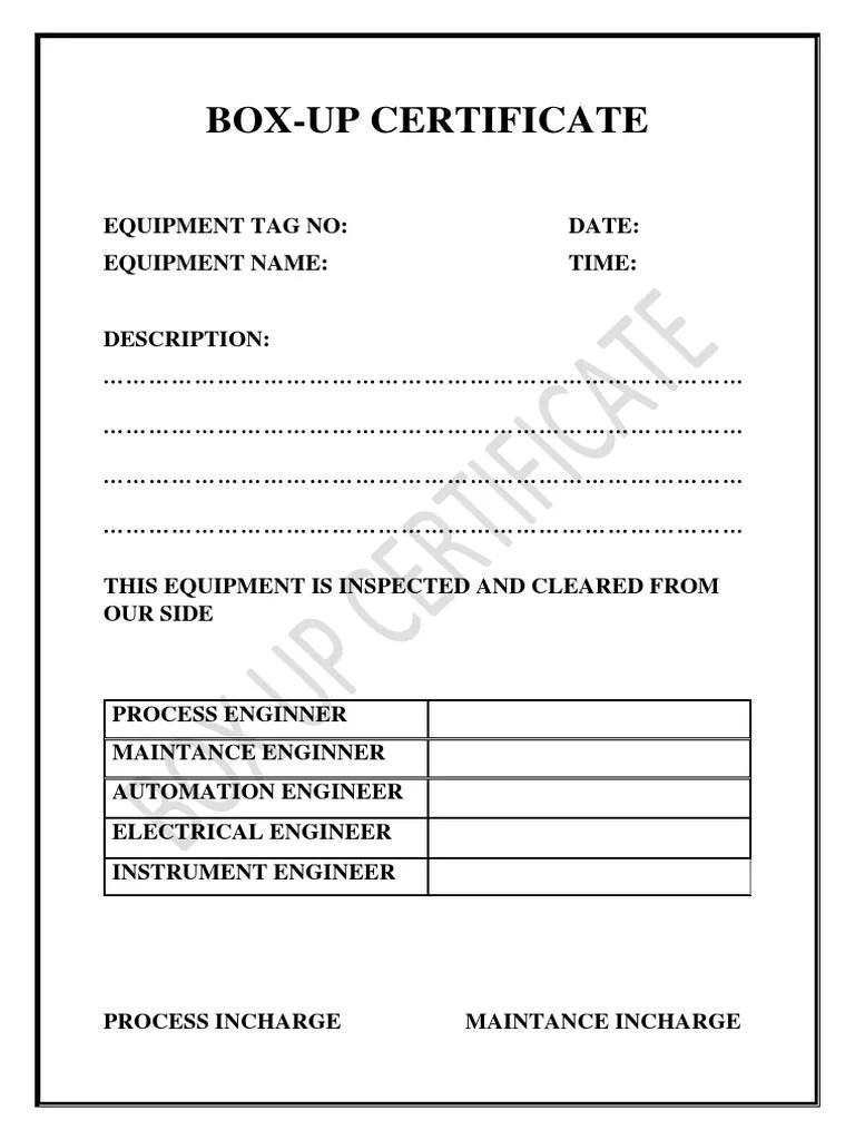 BOX UP CERTIFICATE
