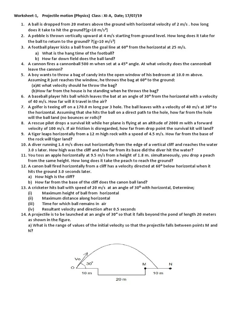 Projectile Worksheet -1 | Projectiles | Physics