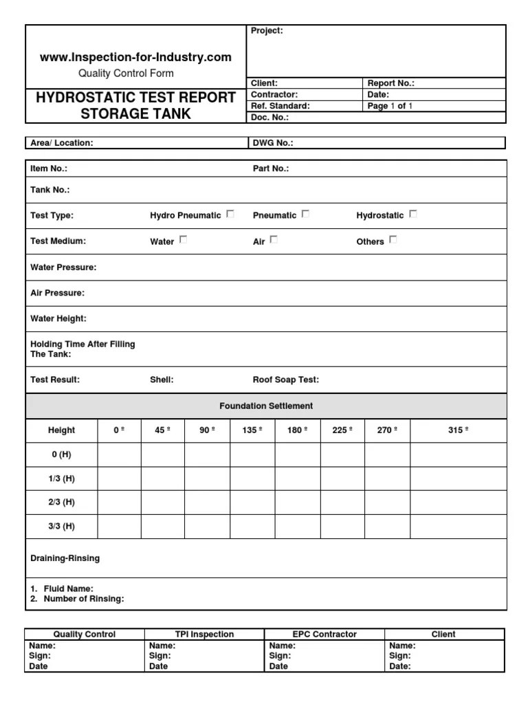 Hydrostatic Test Report Storage Tank Quality Control Form
