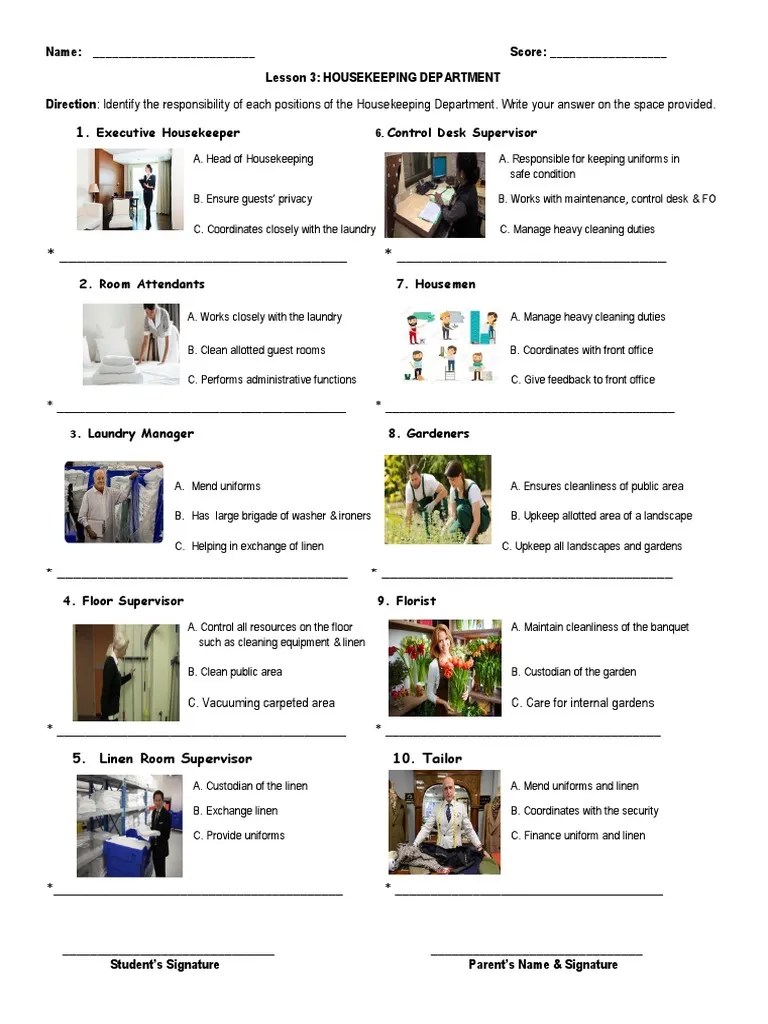 Executive Housekeeper 6. Control Desk Supervisor PDF Housekeeping