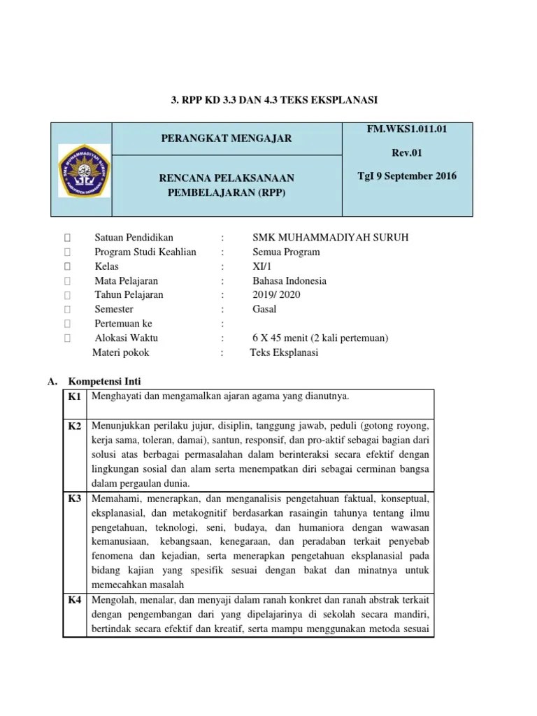Rpp Teks Eksplanasi Kelas Xi Kurikulum 2013 Revisi 2020 Terkait Teks