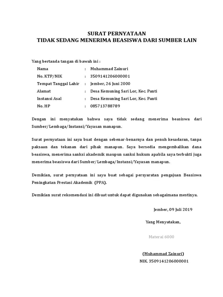 Contoh Surat Pernyataan Tidak Sedang Menerima Beasiswa Lain | Pdf
