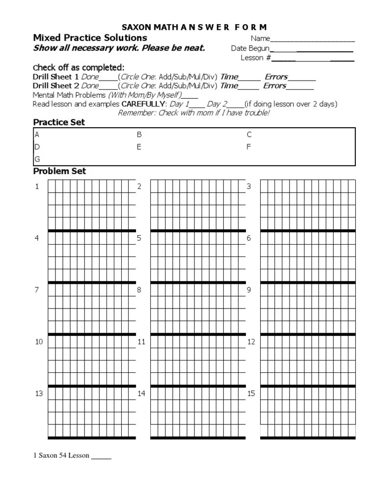 Saxon Answer Sheet