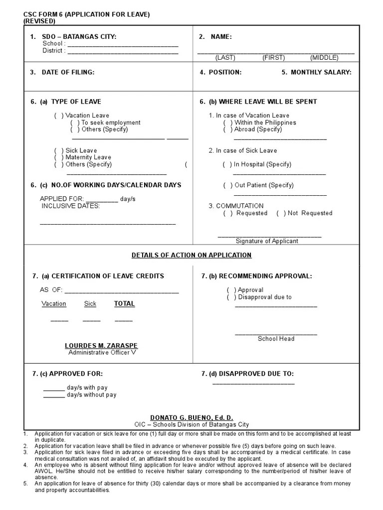 CSC Form 6Application For Leave PDF Leave Of Absence Sick Leave