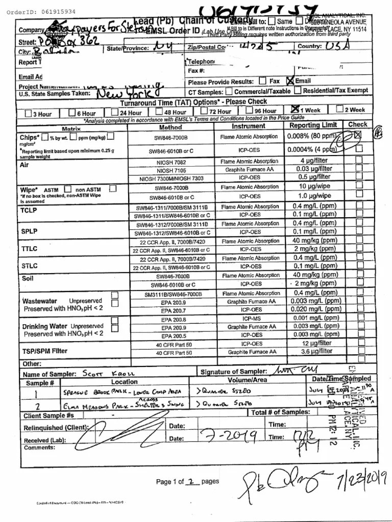 Lead Test Results EMSL Analytical Inc