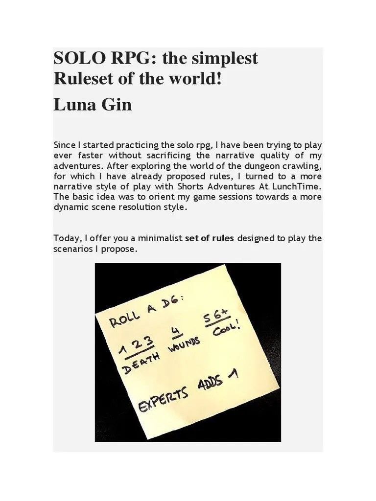 SOLO RPG The Simplest Ruleset of The World PDF Role Playing Games