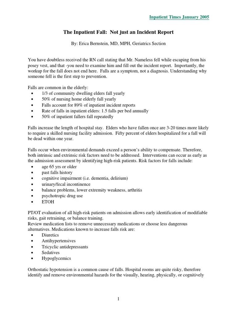 Patient Fall Incident Report PDF Geriatrics Patient