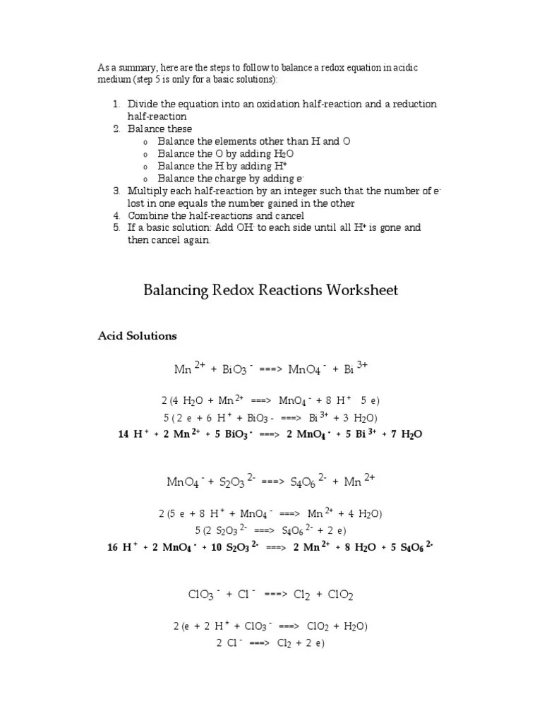 Balancing Redox Reactions WorksheetKEY | PDF | Redox | Chemical Elements
