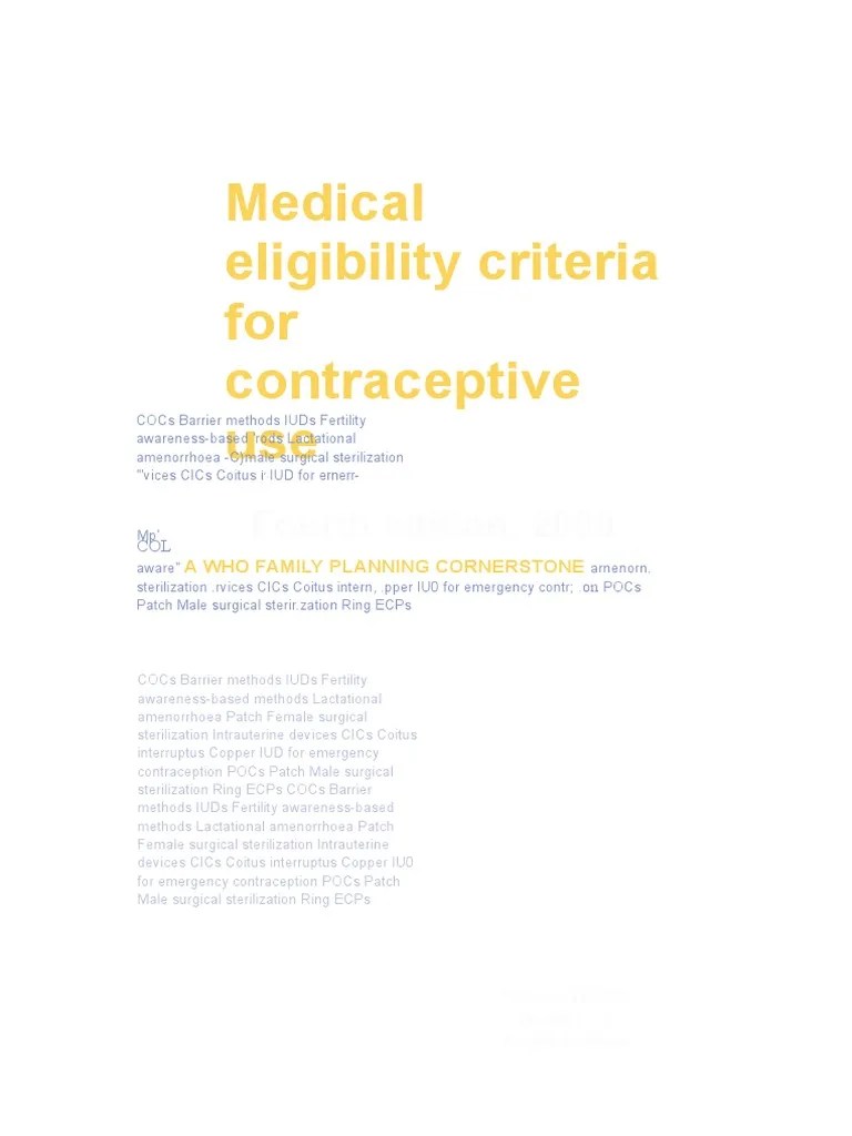 Medical Eligibility Criteria for Contraceptive Use Birth Control Sexually Transmitted Infection