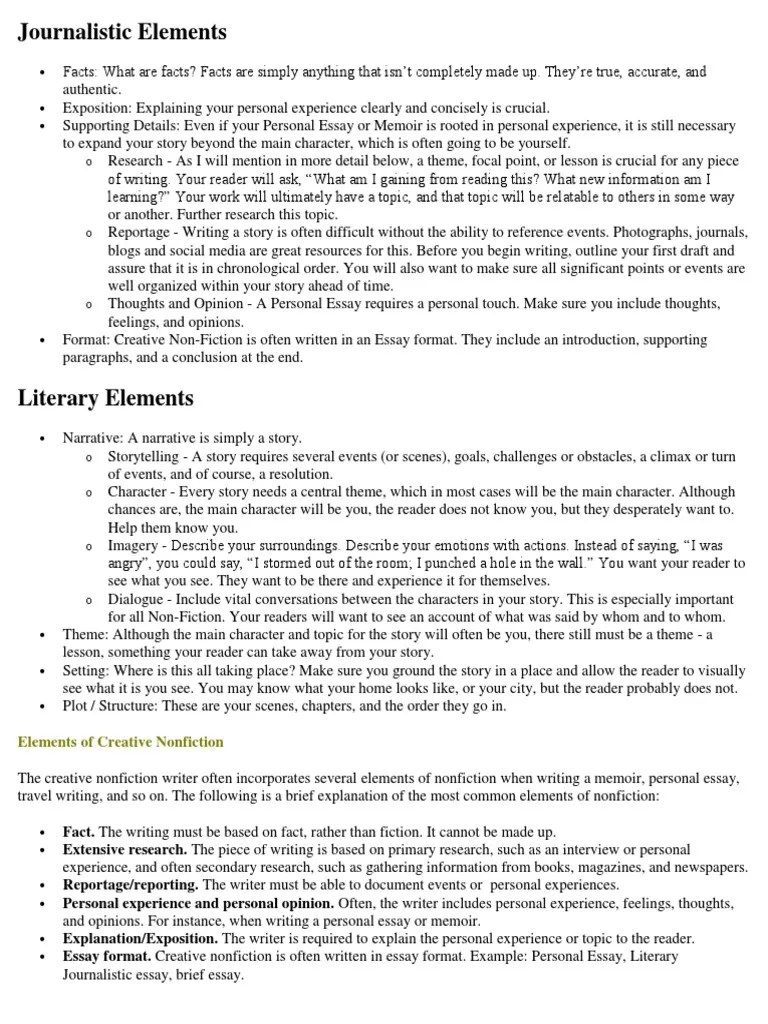 Elements of Creative Nonfiction Creative Nonfiction Writers