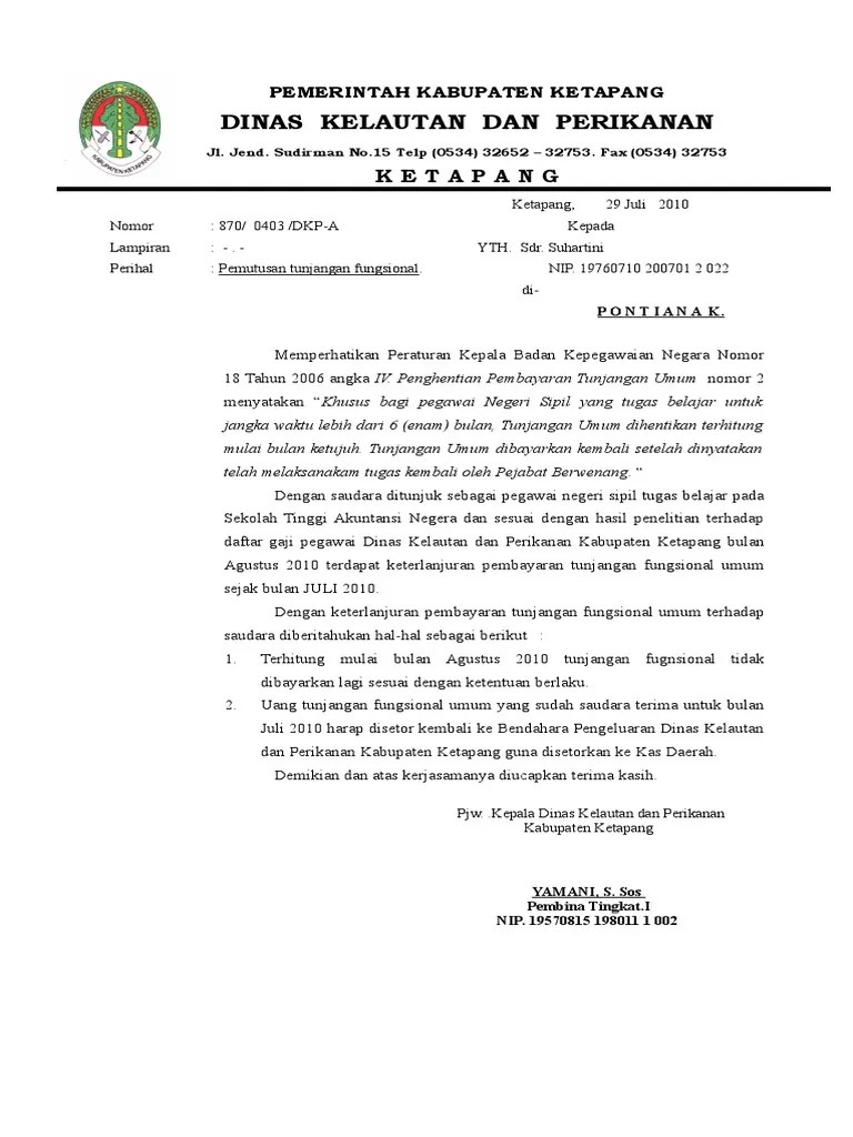 Contoh Surat Pengembalian Tunjangan | Pdf
