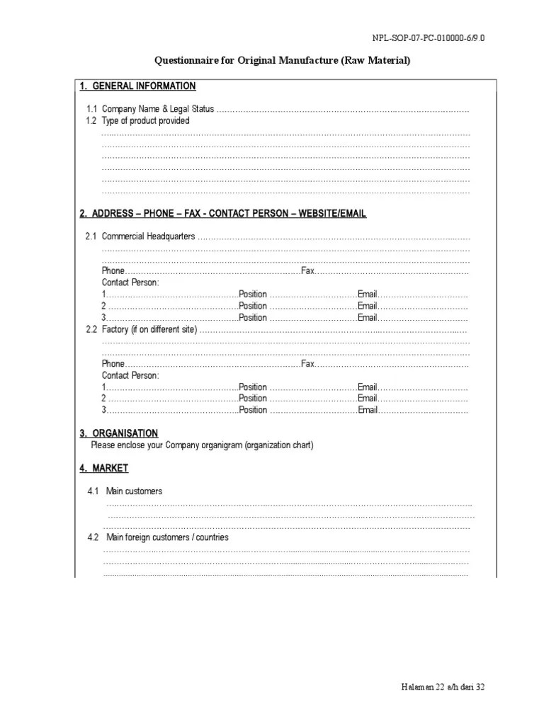 Form Questionnaire (Raw Material) Rev 9 Calibrage Chauffage