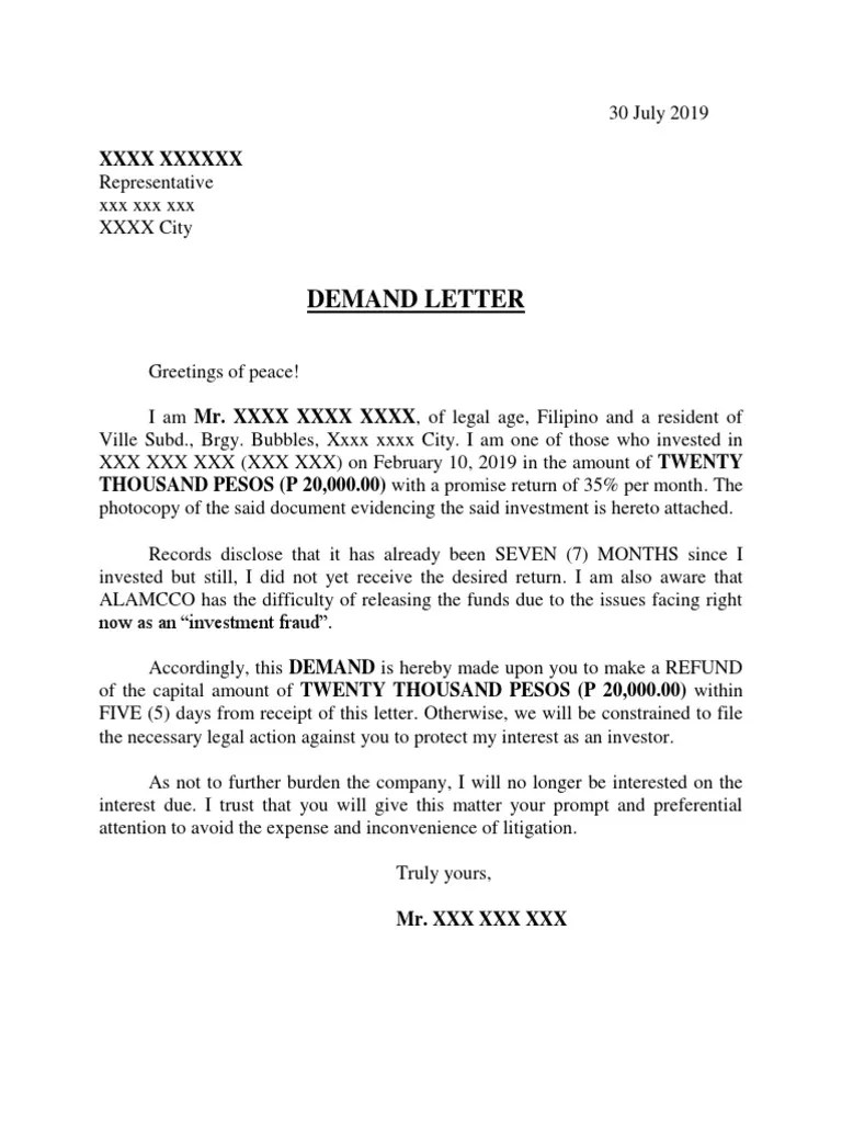 Demand Letter Sample Investment Scam
