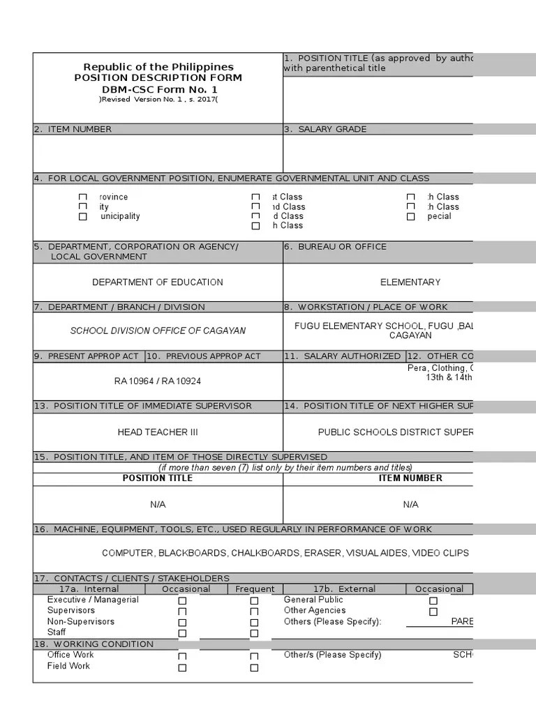 DBM CSC Form No. 1 Position Description Forms.. PDF Competence