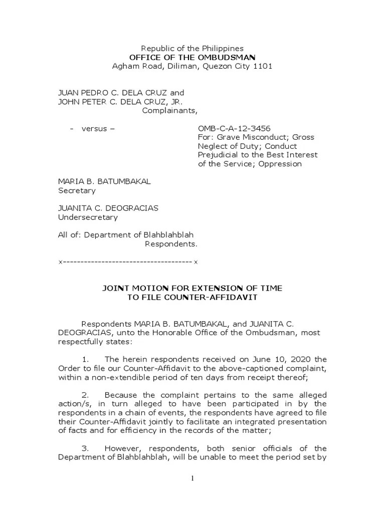 SAMPLE Motion For Extension of Time To File With Ombudsman Public Law