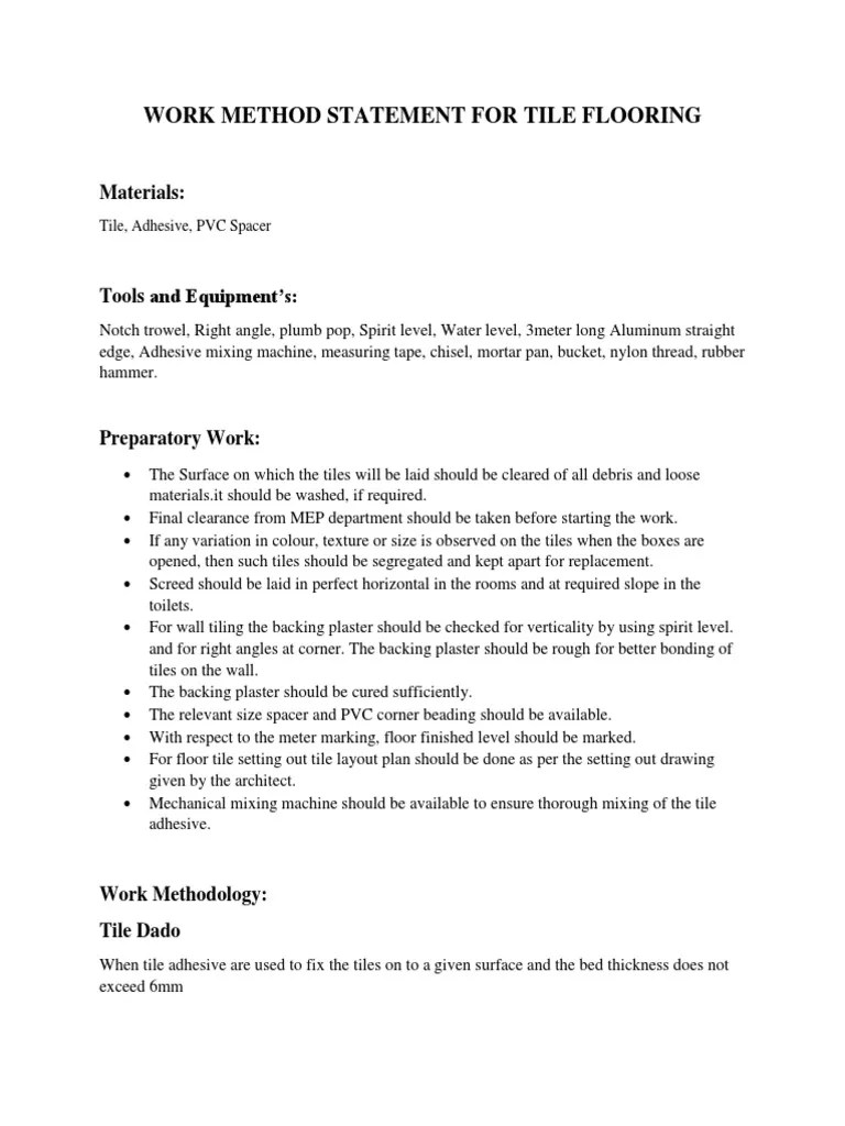 Work Method Statement ForTile Flooring PDF Tile Flooring