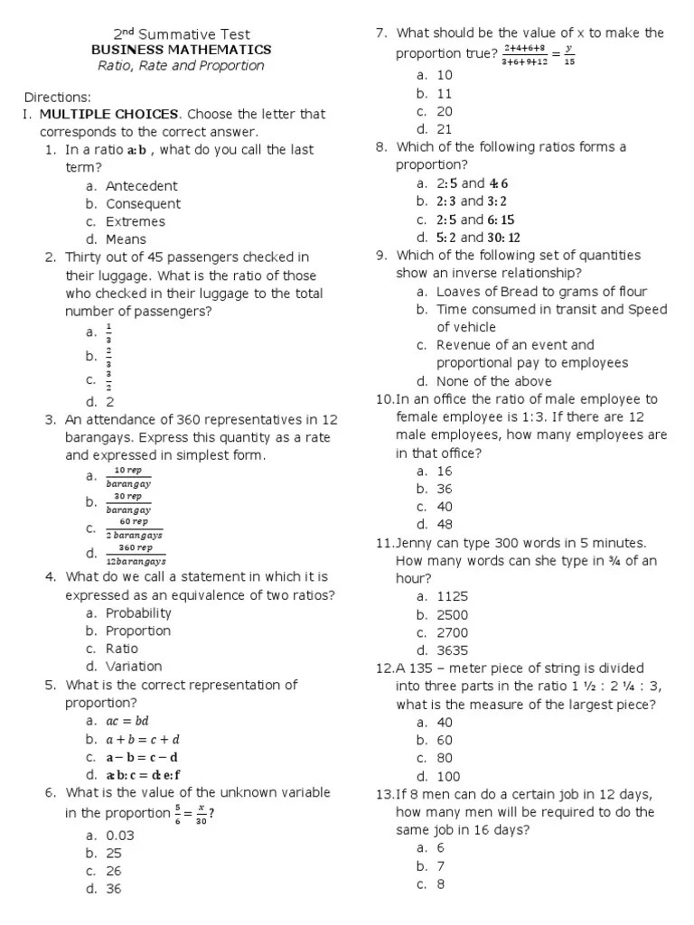 2nd Summative Test Business Math PDF Ratio Teaching Mathematics