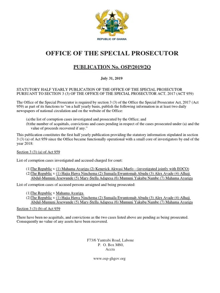 Office of the Special Prosecutor list of cases being prosecuted