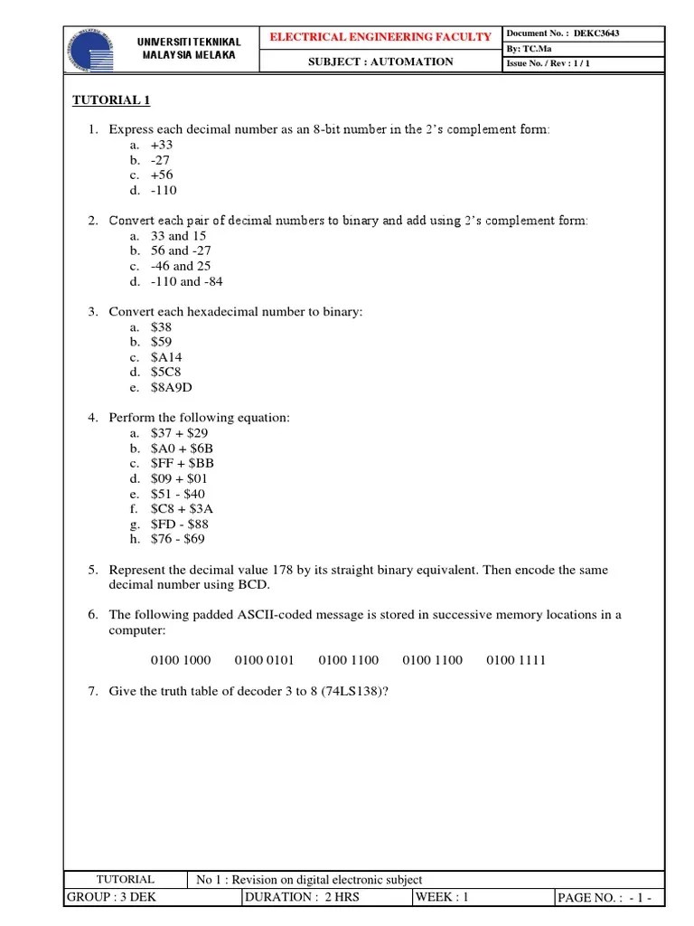 Tutorial 1 Revision on Digital Electronics Fundamentals PDF Binary