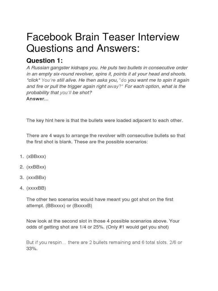 Facebook Brain Teaser Interview Questions and Answers Answer PDF