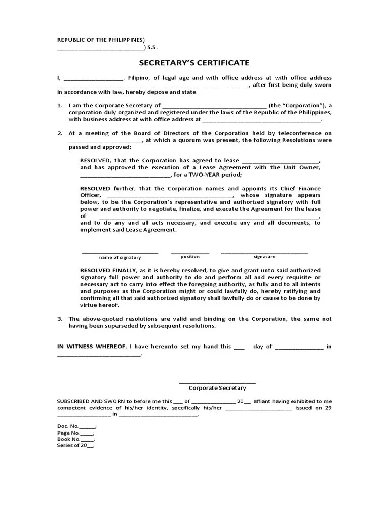 Sec Cert (Authorized Signatory For Lease Contract) Signature Common Law