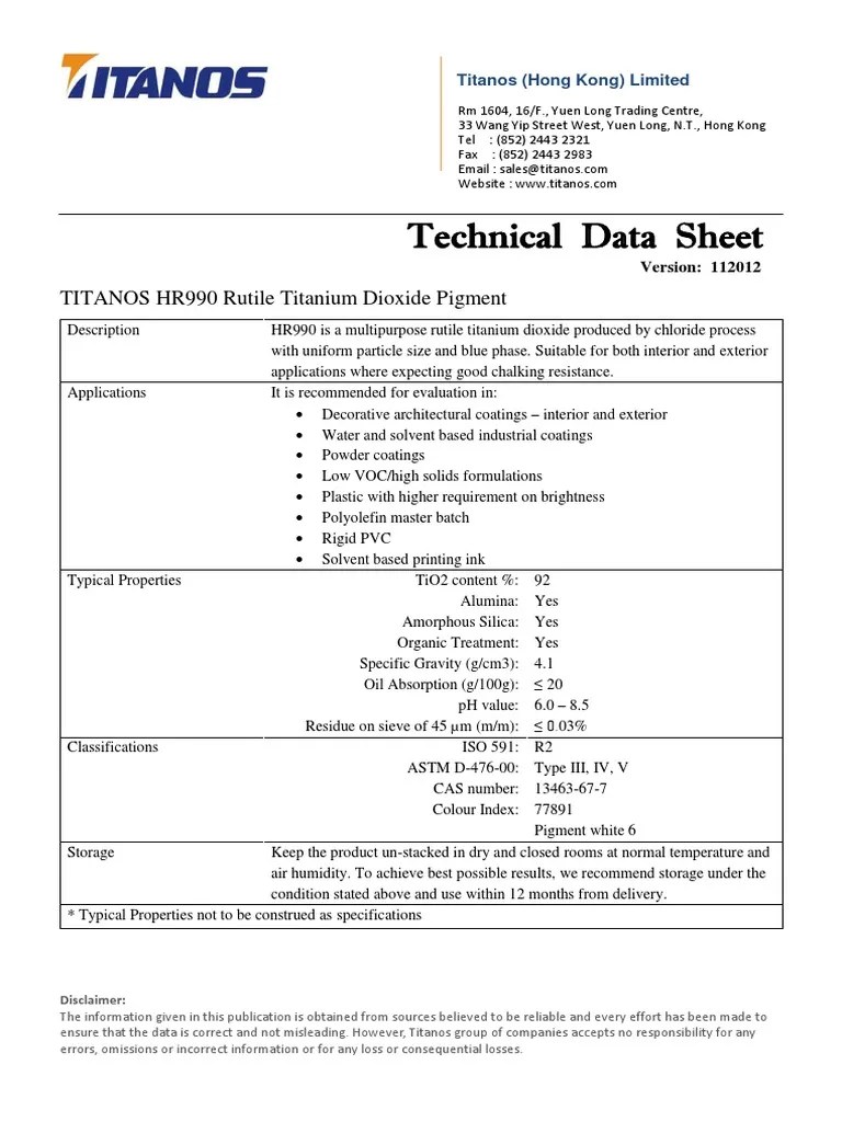TITANOS HR990 Rutile Titanium Dioxide Pigment Technical Data Sheet