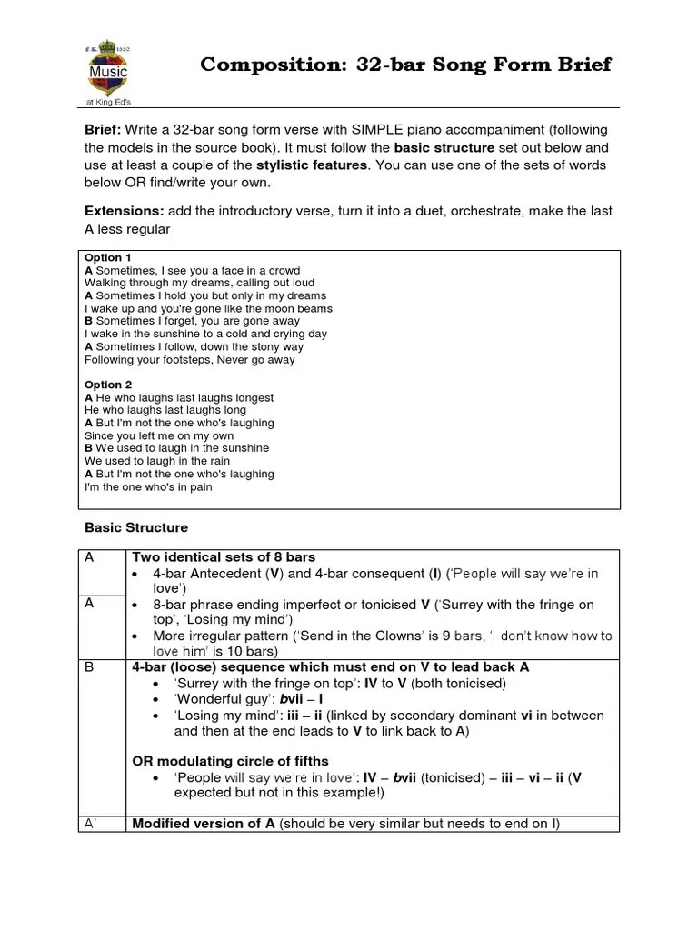 Composition 32Bar Song Form Brief PDF Harmony Chord (Music)