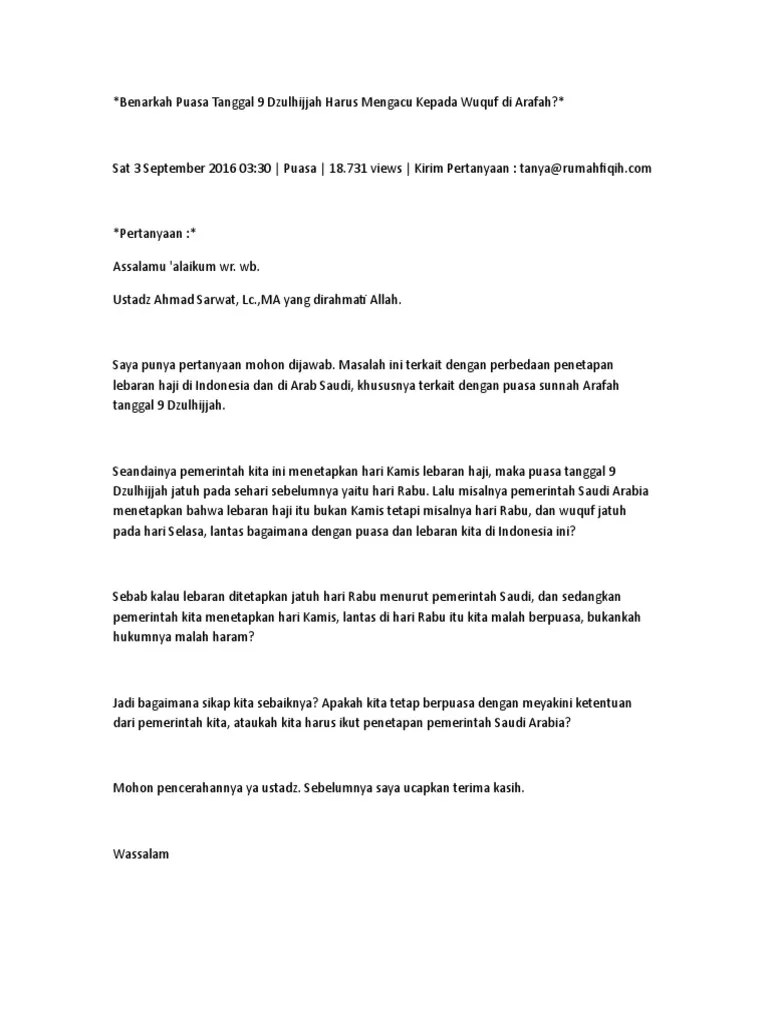 Benarkah Puasa Tanggal 9 Dzulhijjah Harus Mengacu Kepada Wuquf Di Arafah