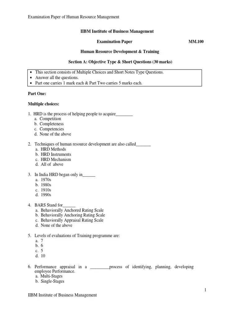 Examination Paper of Human Resource Management PDF PDF Performance
