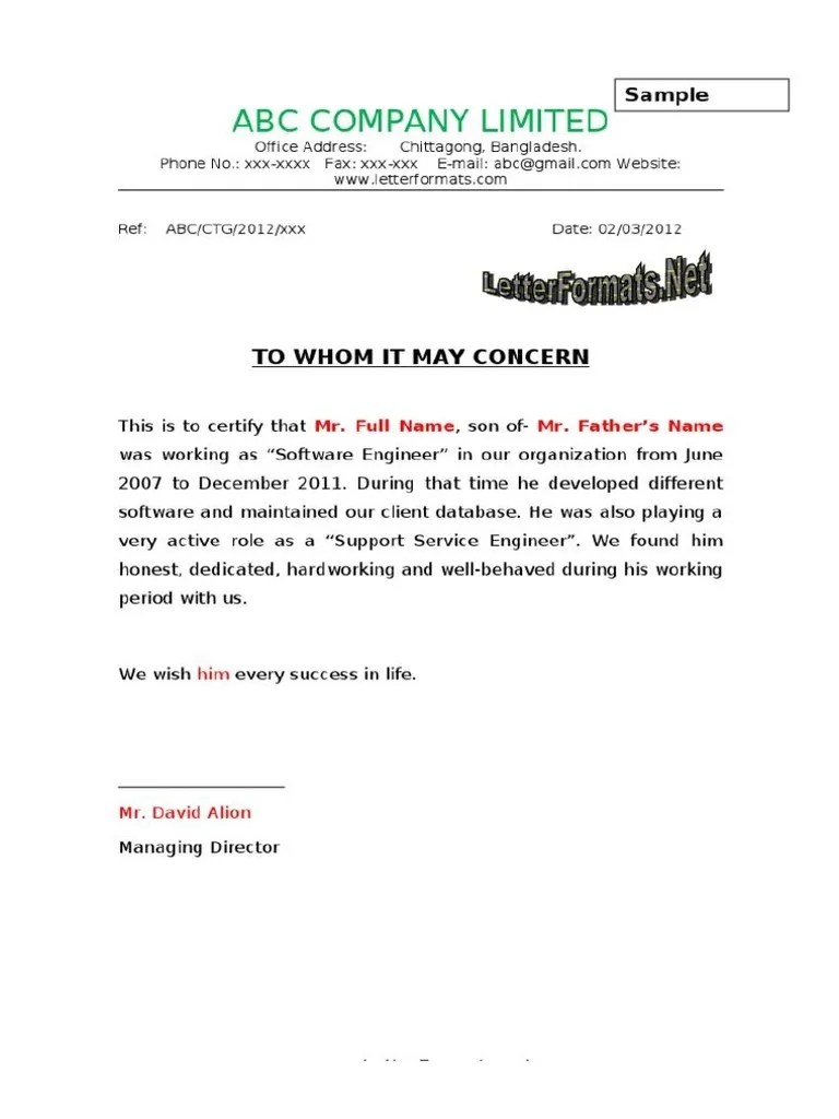 Whomsoever May Concern Experience Certificate Format Certificate Letter