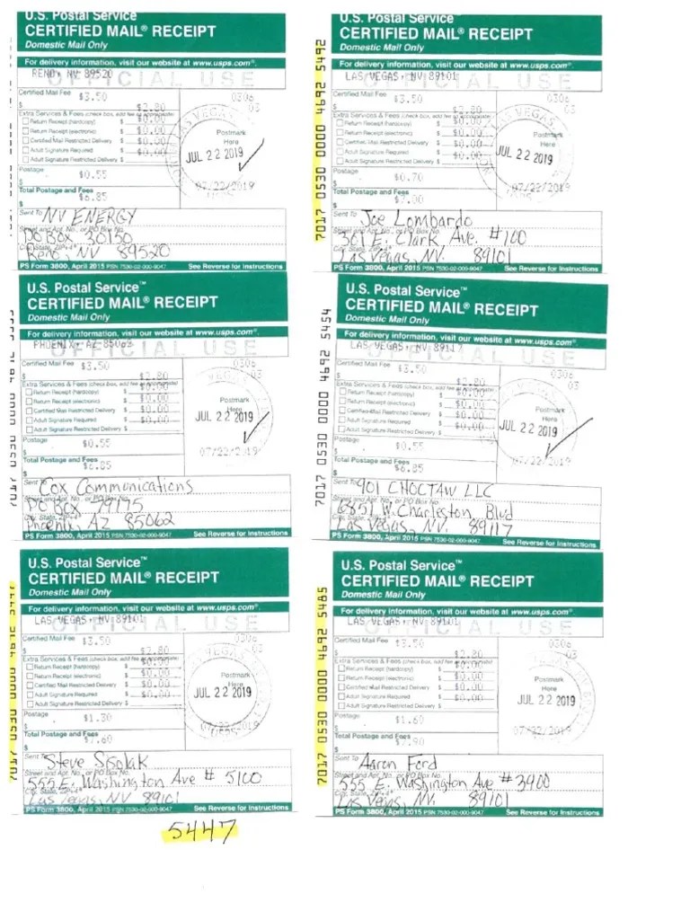 USPS 6 Return Receipts Certified