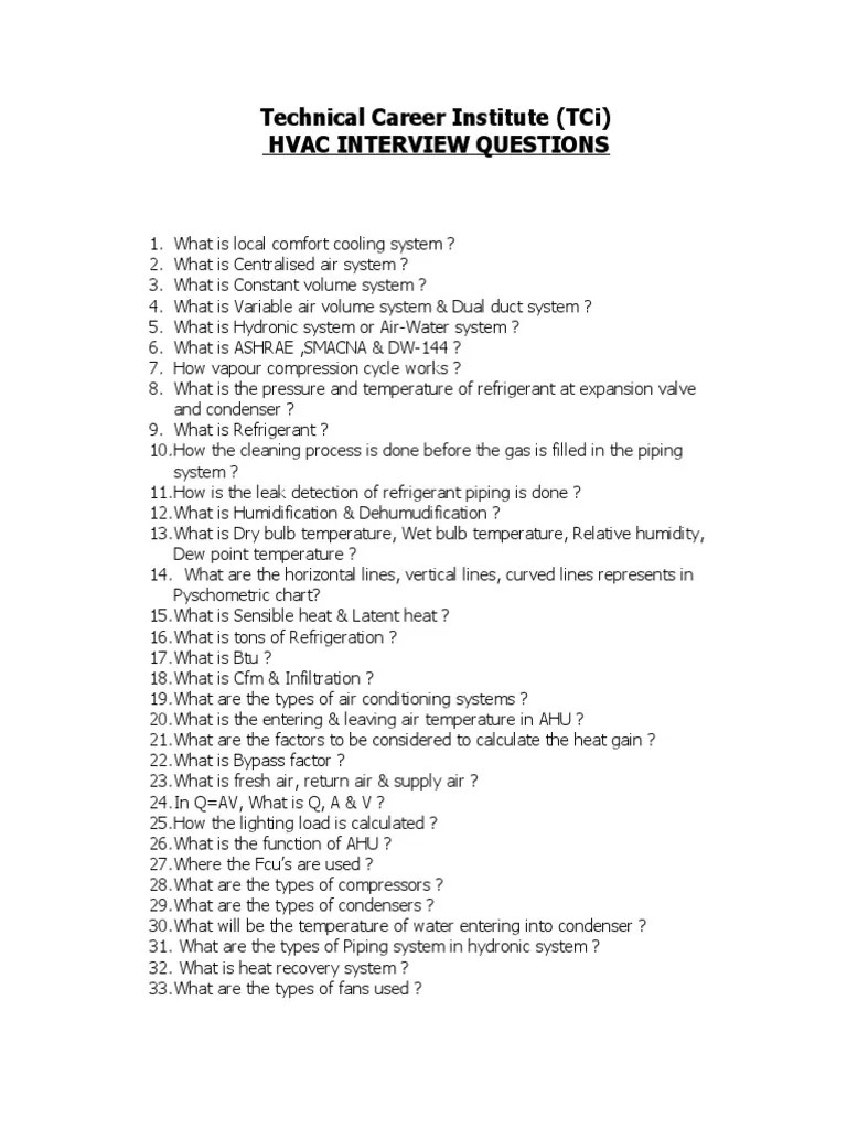 Technical Career Institute (Tci) Hvac Interview Questions PDF Hvac Air Conditioning