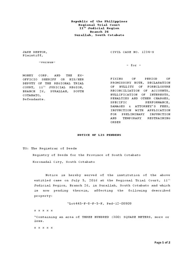 Sample Notice of Lis Pendens PDF Foreclosure Private Law