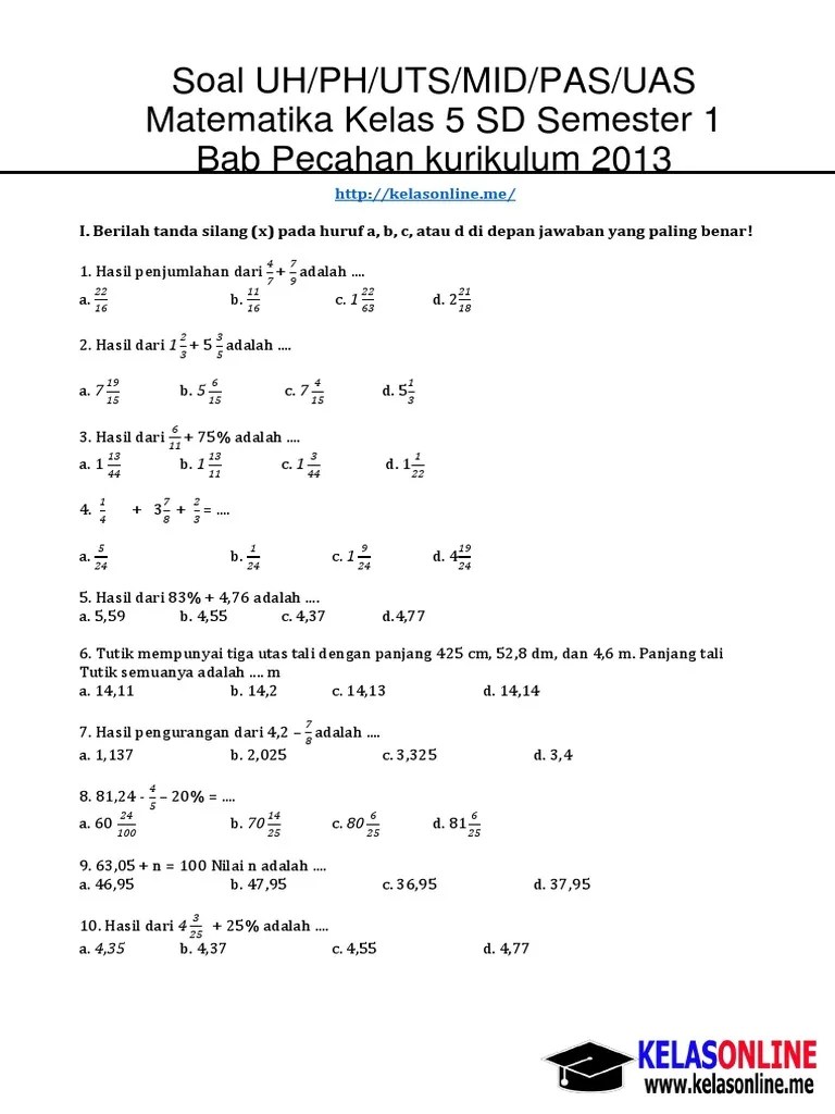 Soal Matematika Kelas 5 soal ulangan matematika kelas 5