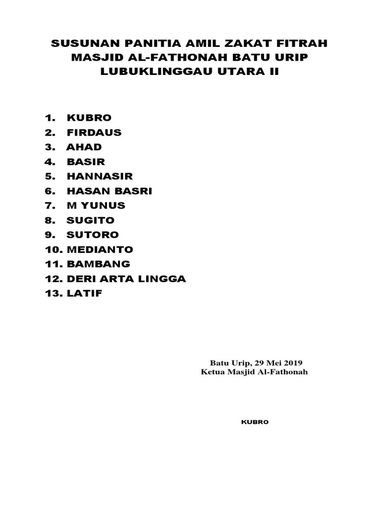 Susunan Panitia Amil Zakat Fitrah Masjid Al | PDF