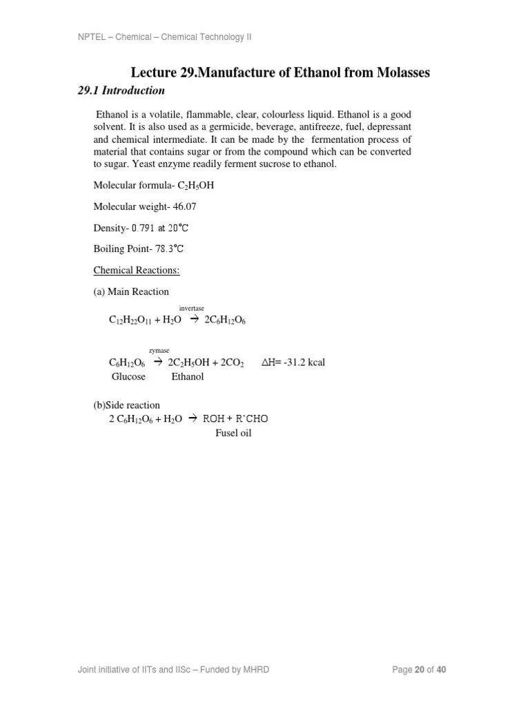 Ethanol From Molasses PDF Ethanol Distillation