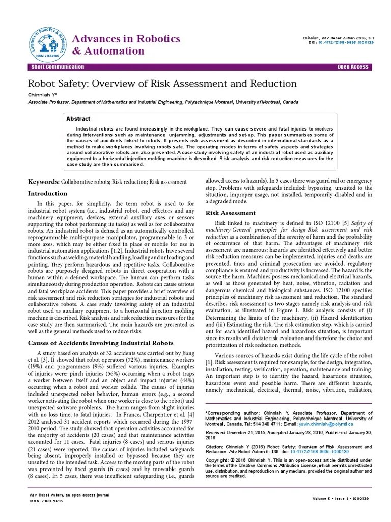 Robot Safety Overview of Risk Assessment and Reduction 2168 9695 1000139 Risk Management Robot