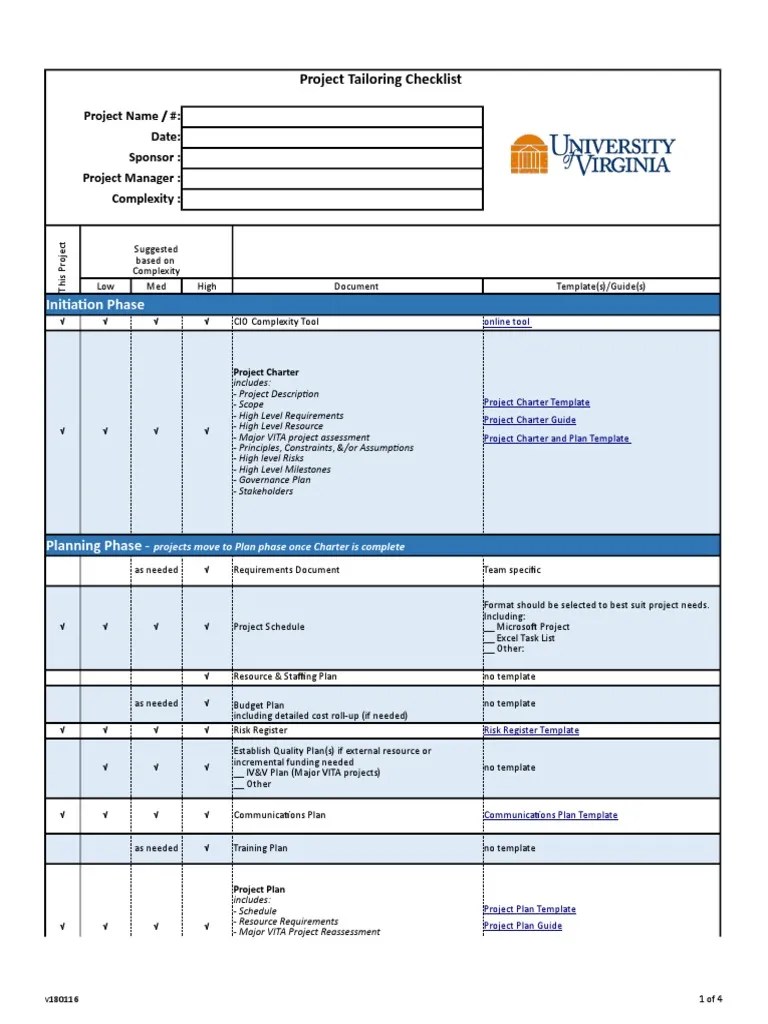 Project Tailoring Checklist Template PDF Project Management Business