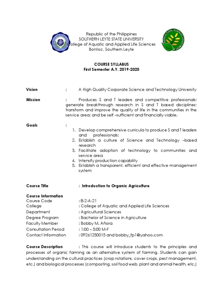 Introduction to Organic Agriculture Syllabus Organic Farming