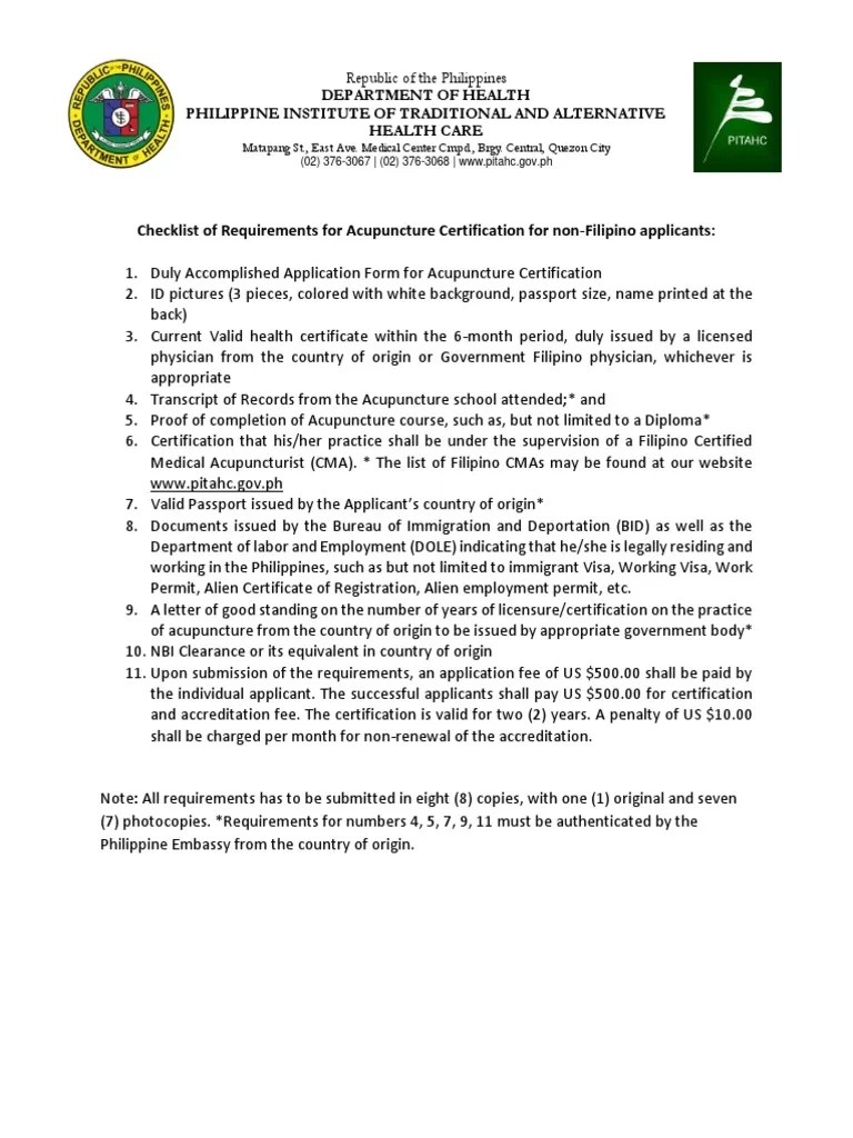 2017 Revised Checklist of Requirements For Acupuncture Certification For Non Filipino PDF