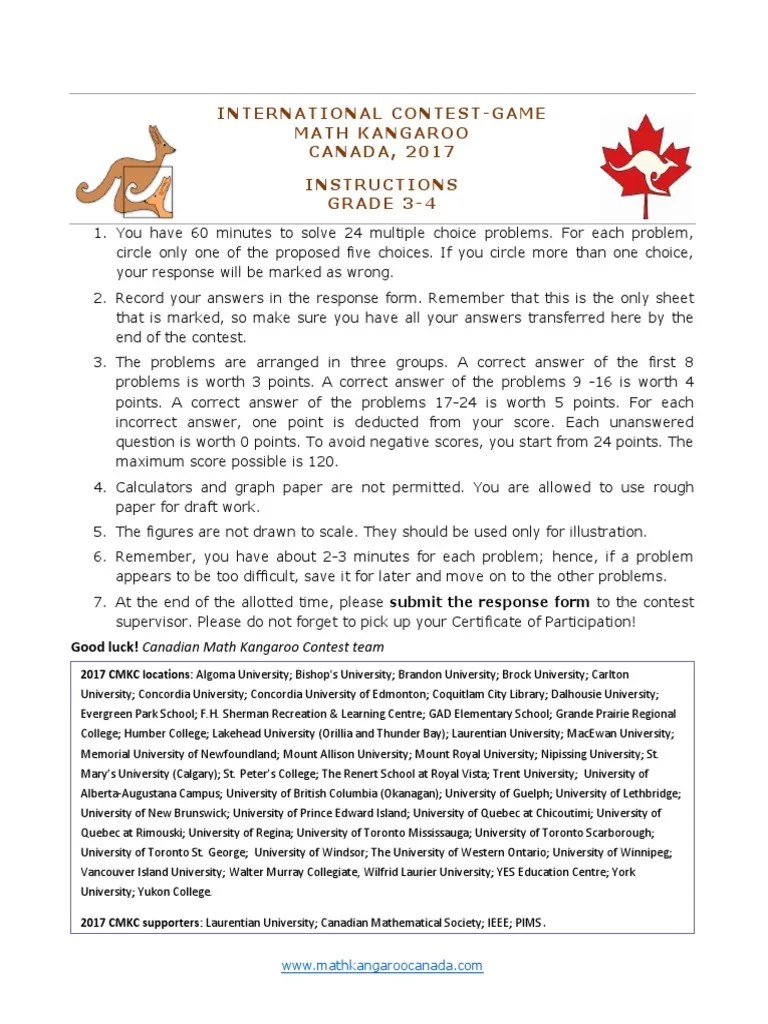 Kangaroo Maths Test 2017 PDF Multiple Choice Teaching Mathematics