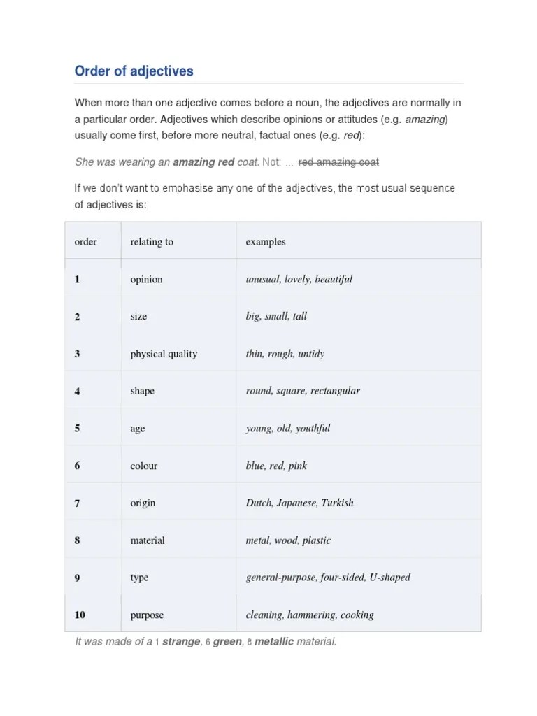 Order of Adjectives She Was Wearing An Amazing Red Coat PDF