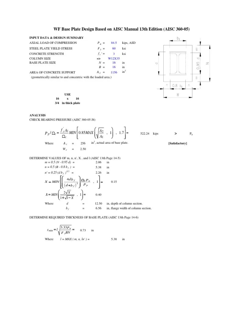 WF Base Plate Design Based On AISC Manual 13th Edition (AISC 36005) PDF Solid Mechanics