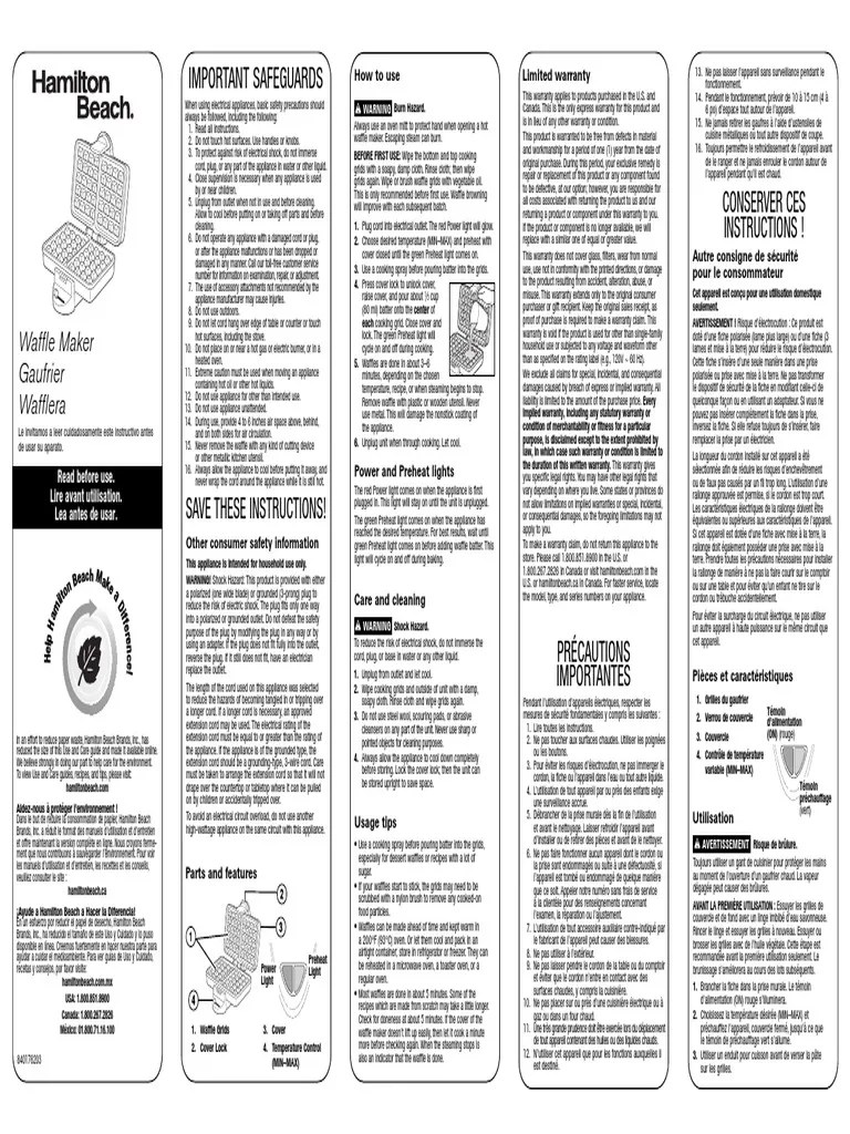 Hamilton Beach 26009 Users Manual 683007 PDF Waffle Ac Power