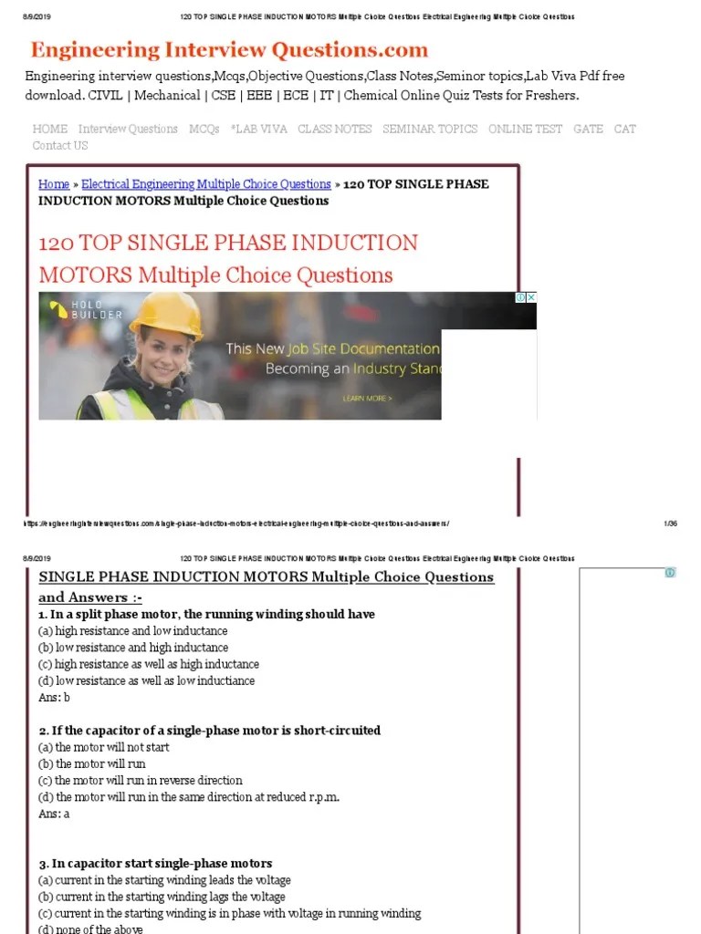 120 TOP SINGLE PHASE INDUCTION MOTORS Multiple Choice Questions